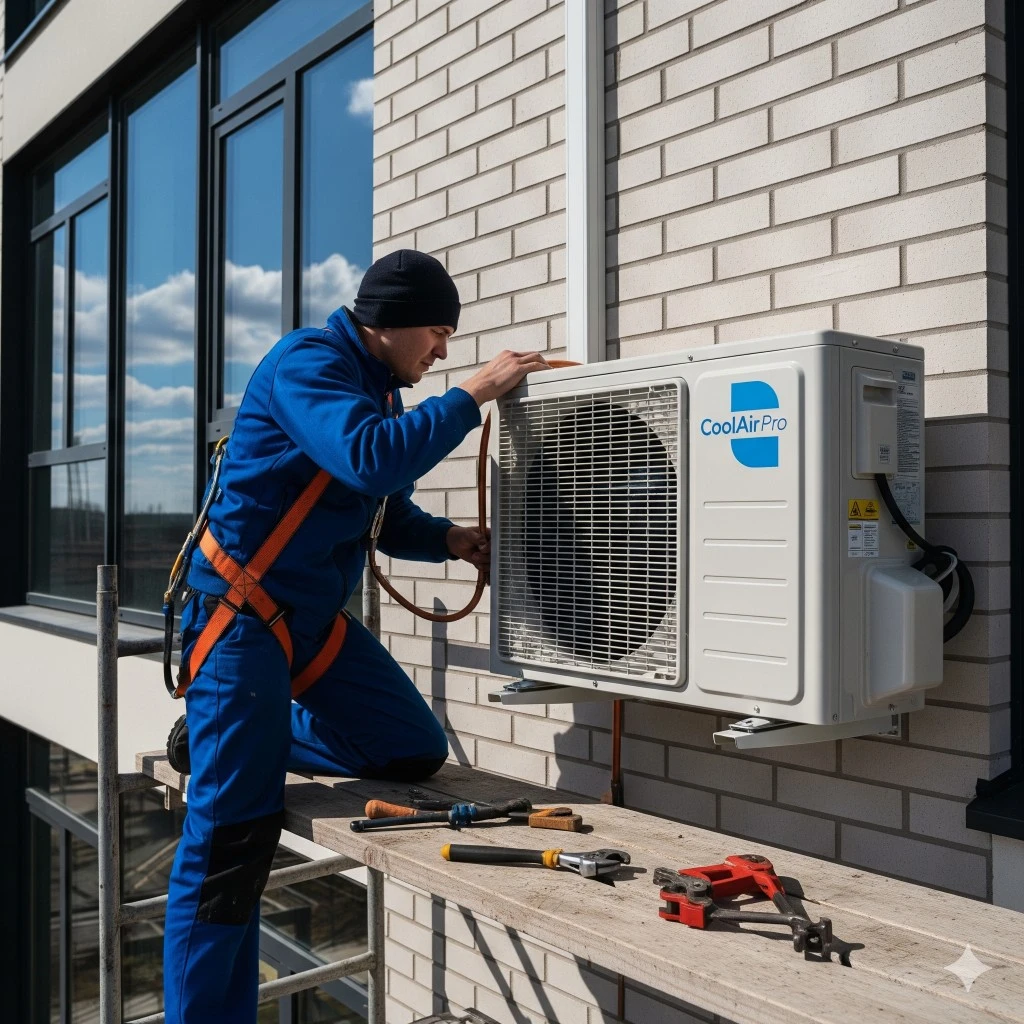 HVAC install with tools and wrench